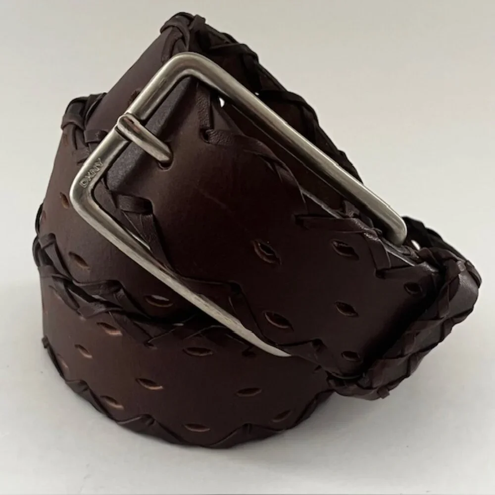 DKNY Dark Brown Braided Leather Belt with Silver Buckle